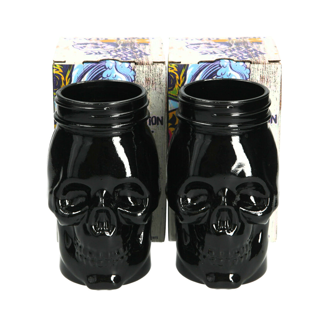 2 X New Rare BLACK Dead Mans Fingers Skull Head Spiced Rum Glass 3/4 pint