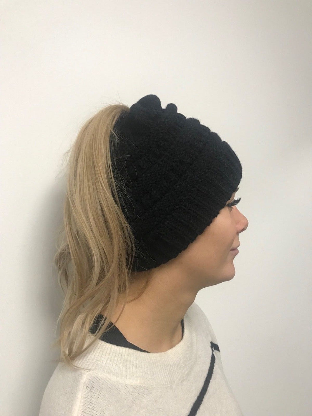 Black Ladies Pony Tail Beanie Hat, pony tail hat, hat with pony tail hole