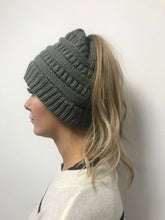 Load image into Gallery viewer, Grey Ladies Pony Tail Beanie Hat, pony tail hat, hat with pony tail hole

