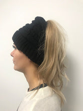 Load image into Gallery viewer, Black Ladies Pony Tail Beanie Hat, pony tail hat, hat with pony tail hole
