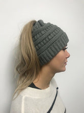 Load image into Gallery viewer, Grey Ladies Pony Tail Beanie Hat, pony tail hat, hat with pony tail hole
